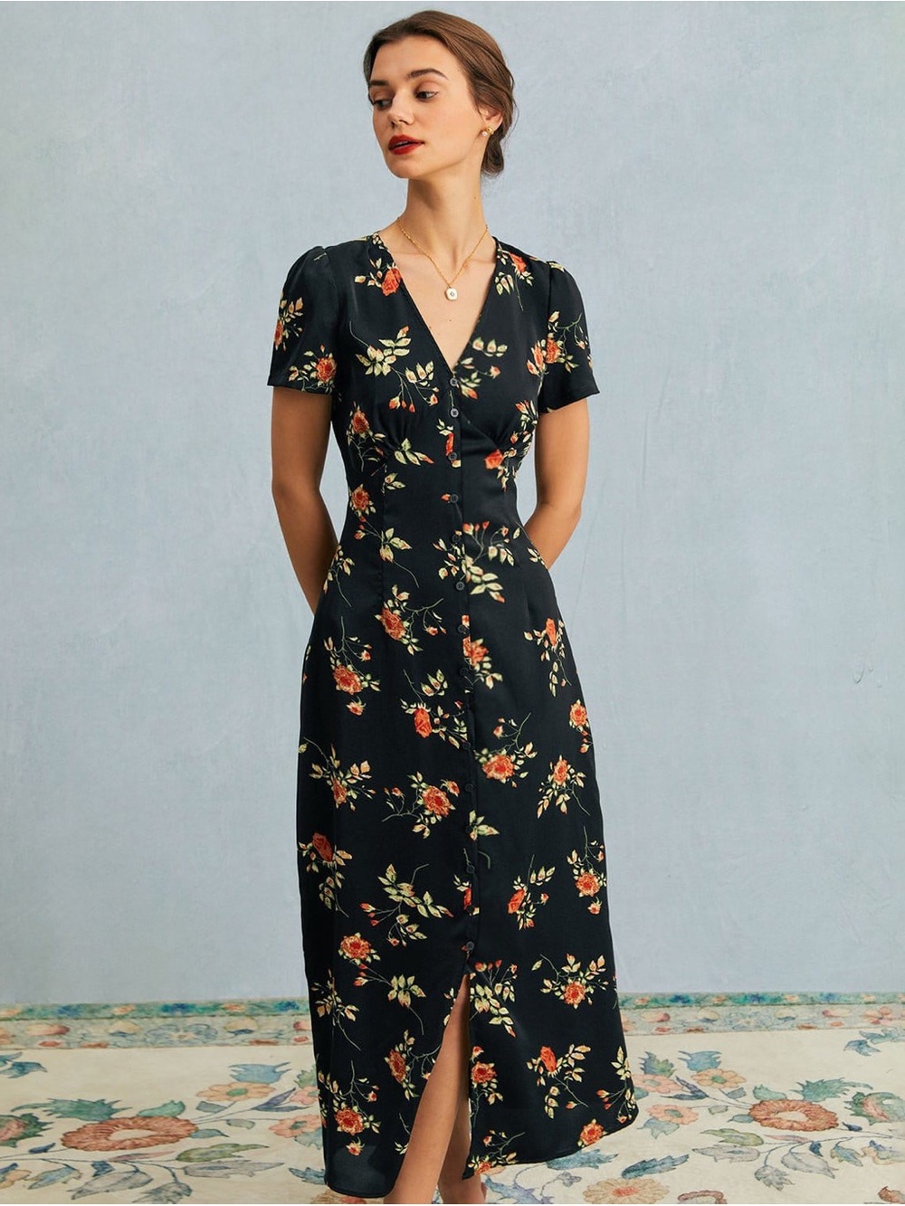 The Black V Neck Floral Short Sleeve Maxi Dress